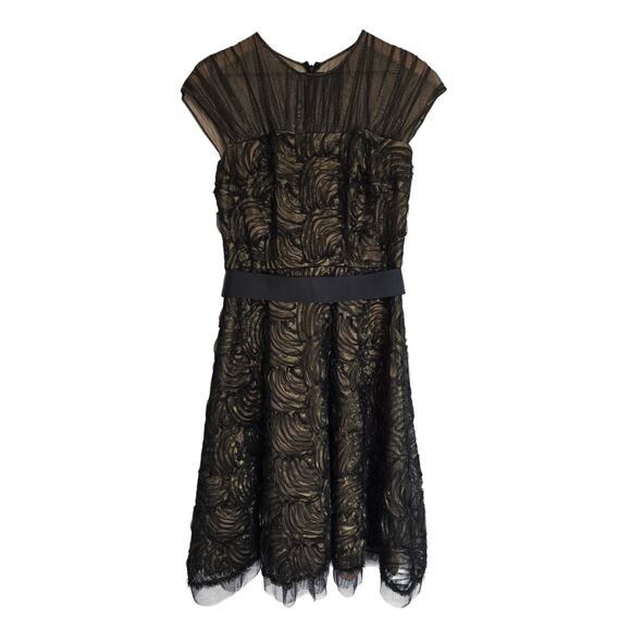 Tadashi Shoji Black Gold Tulle Cocktail Dress Sz 8 Elegant Party - Picture 1 of 3